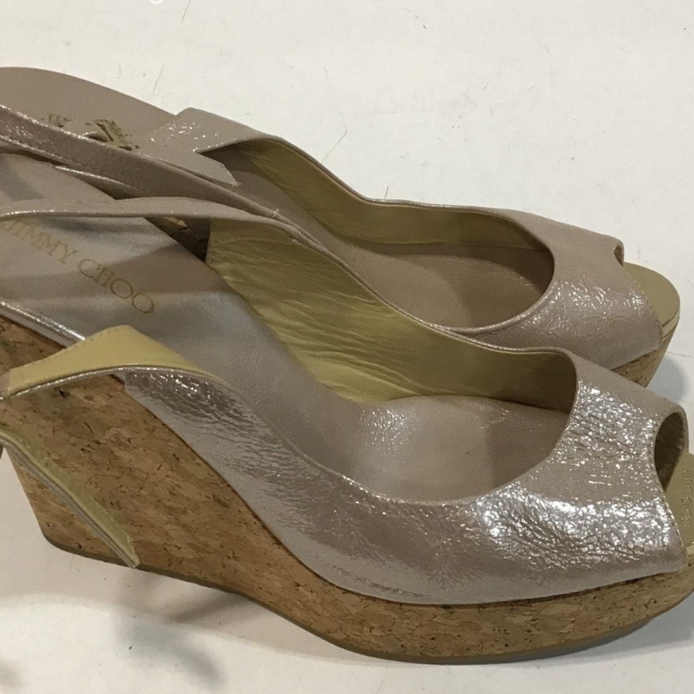 Women’s Jimmy Choo Metallic Cork Wedge Platform Peep Toe Sling Back Size 39.5